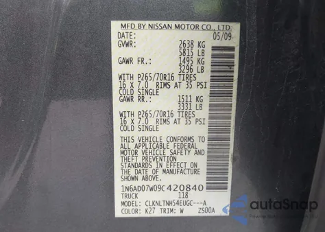 2009 Nissan Frontier Se from USA, damaged, VIN 1N6AD07W09C420840